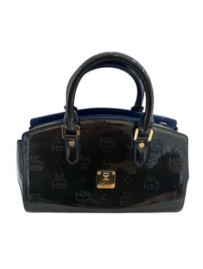 MCM Mini Boston Dark Green Navy Patent Leather Handbag